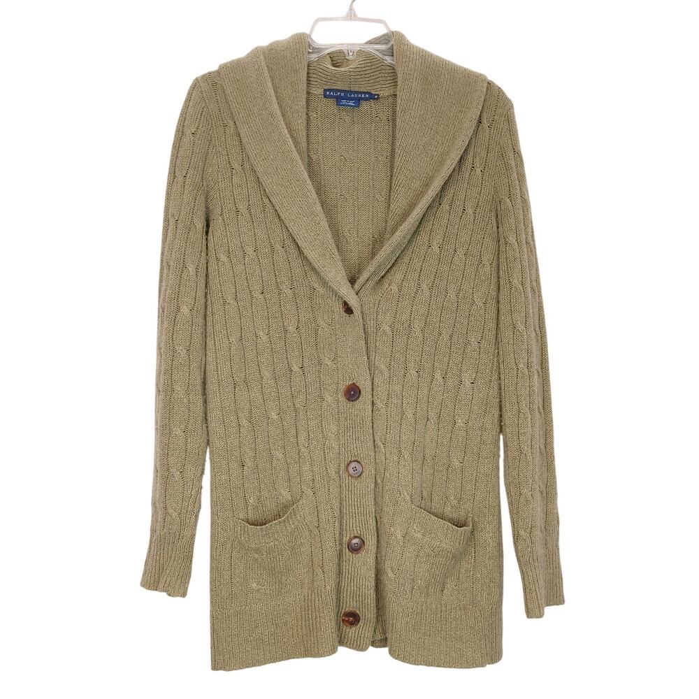 Ralph Lauren Cable Knit Cardigan Sweater Shawl Collar Linen Cashmere Tan Medium
